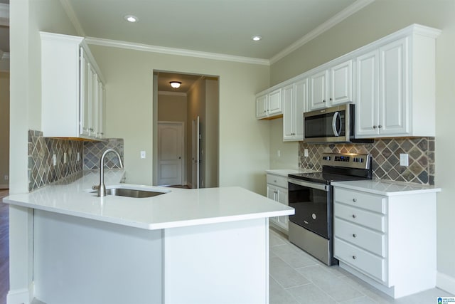 kitchen featuring sink, ornamental molding, white cabinetry, kitchen peninsula, and stainless steel appliances