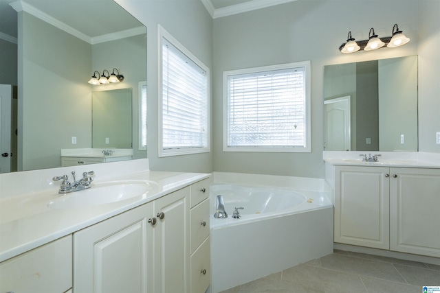 bathroom featuring a bathing tub, tile patterned flooring, vanity, and ornamental molding