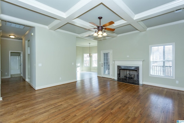 unfurnished living room featuring a high end fireplace, coffered ceiling, crown molding, beam ceiling, and dark hardwood / wood-style flooring