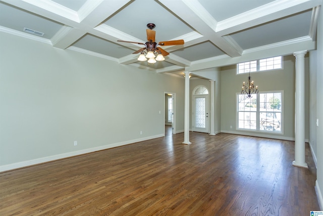 unfurnished living room featuring dark hardwood / wood-style flooring, decorative columns, crown molding, and coffered ceiling