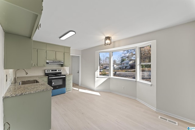 kitchen with green cabinets, electric stove, sink, tasteful backsplash, and light hardwood / wood-style floors