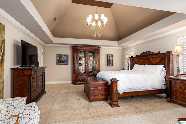 bedroom featuring light carpet, a notable chandelier, crown molding, and a raised ceiling