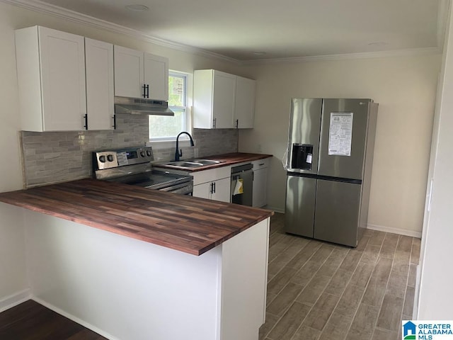 kitchen featuring white cabinetry, sink, wooden counters, wood-type flooring, and appliances with stainless steel finishes