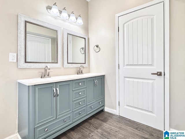 bathroom with wood-type flooring and vanity