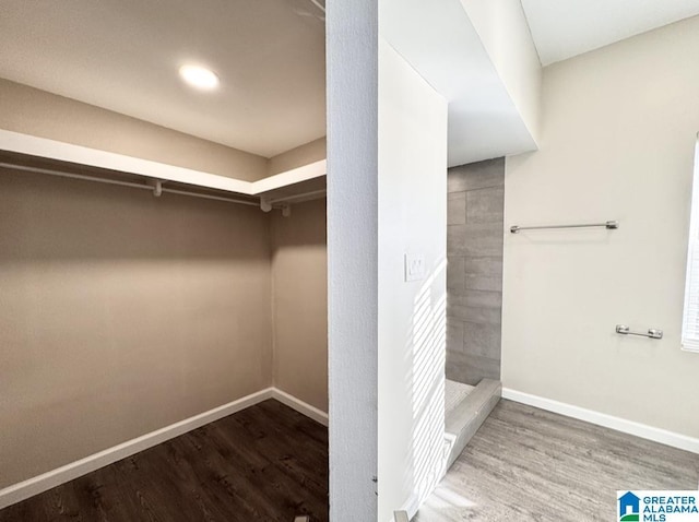 walk in closet with hardwood / wood-style floors