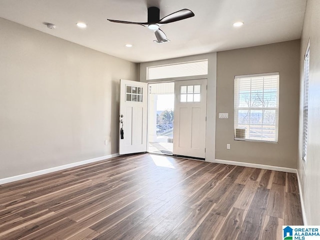 entrance foyer featuring ceiling fan and dark hardwood / wood-style flooring