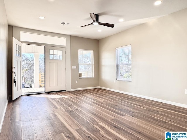 entryway featuring ceiling fan, plenty of natural light, and wood-type flooring