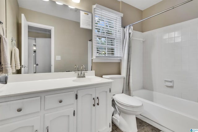 full bathroom with tile patterned floors, vanity, shower / bath combination with curtain, and toilet