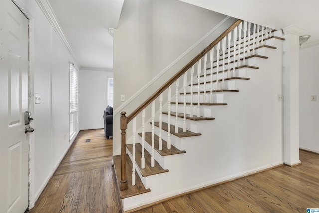 stairs with hardwood / wood-style floors and ornamental molding