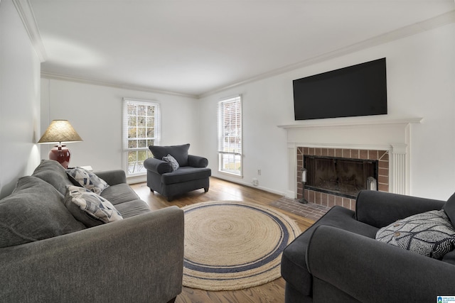 living room featuring a fireplace, light wood-type flooring, and ornamental molding