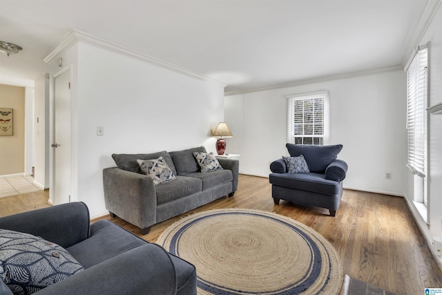 living room with wood-type flooring and ornamental molding