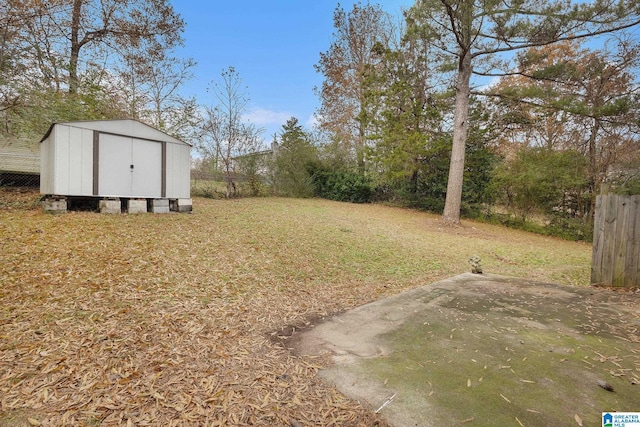 view of yard featuring a storage shed