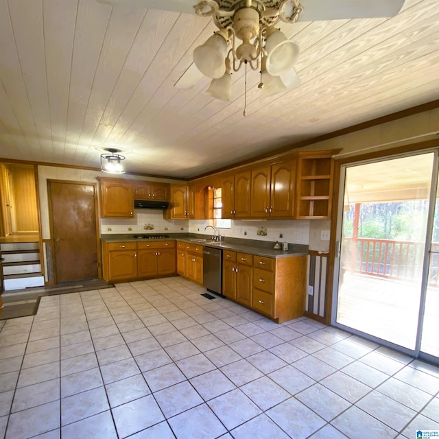 kitchen featuring gas cooktop, stainless steel dishwasher, ceiling fan, light tile patterned floors, and wooden ceiling