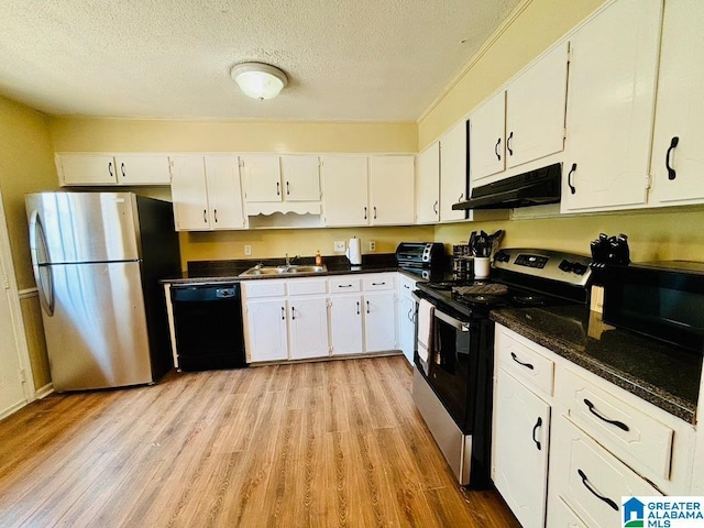 kitchen with white cabinetry, sink, a textured ceiling, black appliances, and light wood-type flooring