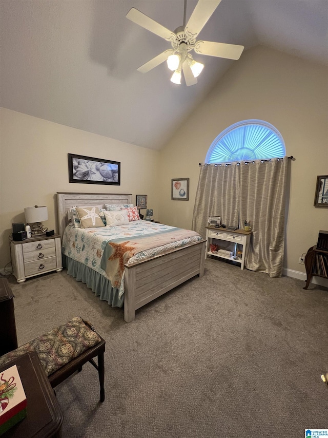 carpeted bedroom with ceiling fan and lofted ceiling