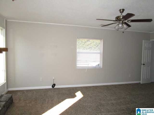 carpeted empty room with ceiling fan and crown molding