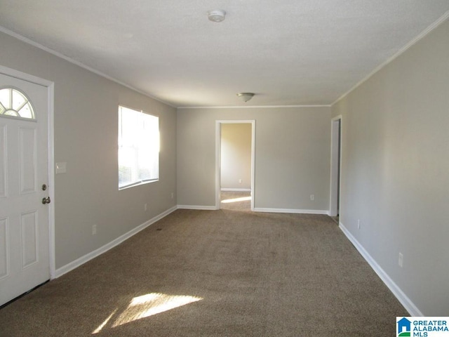 carpeted foyer entrance with ornamental molding and a healthy amount of sunlight