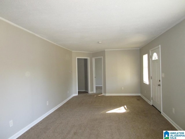 carpeted empty room with ornamental molding