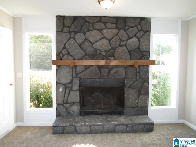 room details with carpet flooring, a fireplace, and crown molding