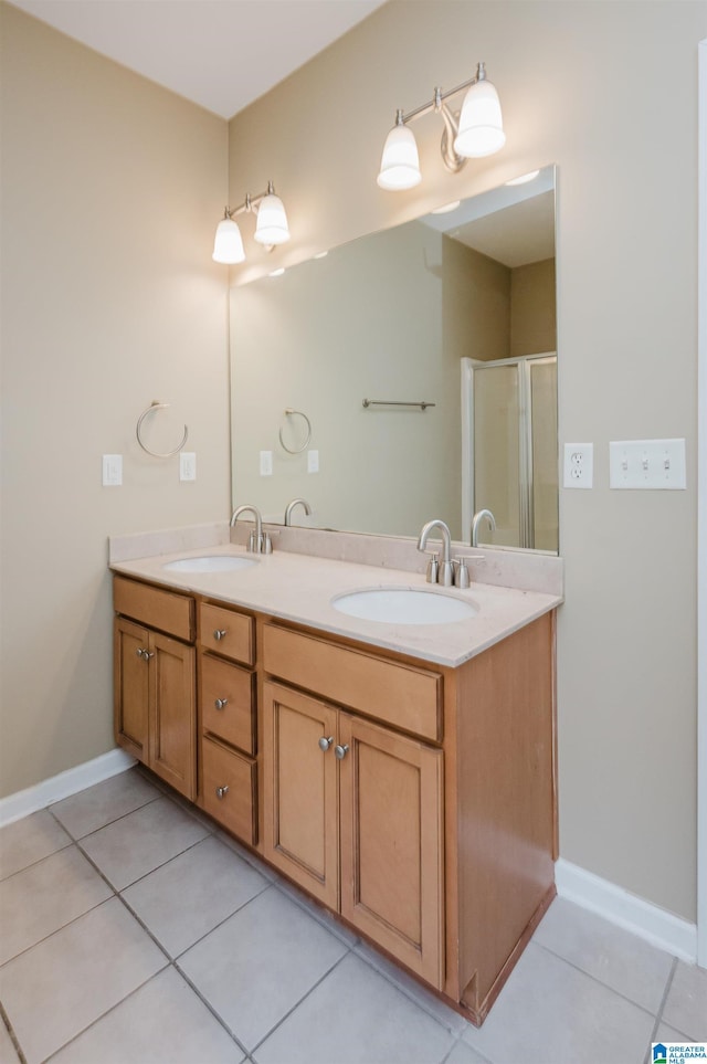 bathroom with tile patterned floors, vanity, and an enclosed shower