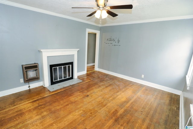 unfurnished living room with hardwood / wood-style flooring, ceiling fan, and crown molding