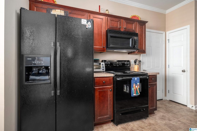 kitchen with black appliances and ornamental molding