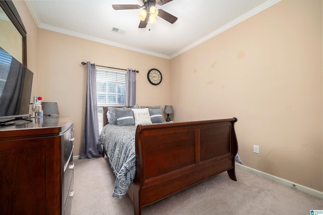 bedroom featuring light carpet, ceiling fan, and ornamental molding