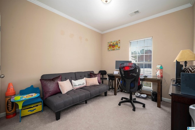 carpeted office space featuring ornamental molding