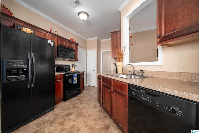 kitchen featuring sink, crown molding, and black appliances