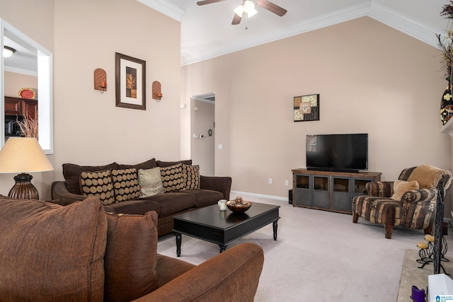 carpeted living room with lofted ceiling, ceiling fan, and crown molding