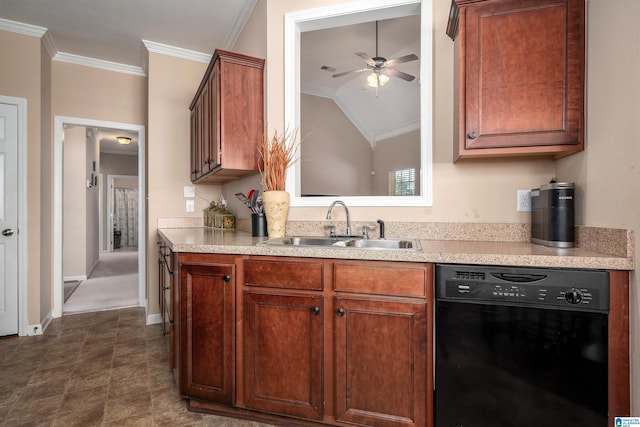 kitchen featuring ceiling fan, dishwasher, sink, vaulted ceiling, and ornamental molding