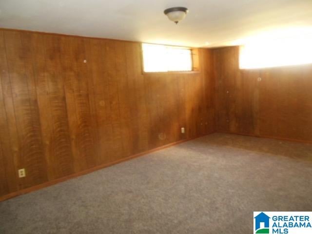 basement featuring carpet and wooden walls