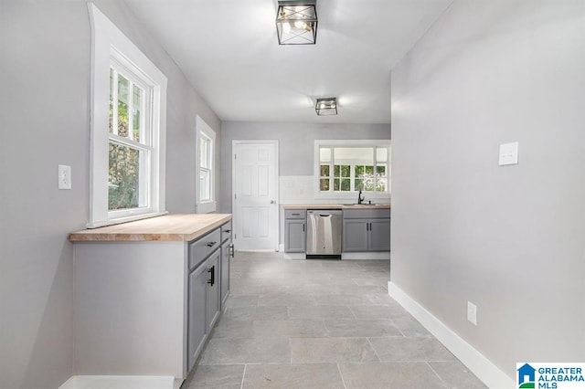 kitchen featuring gray cabinets, sink, stainless steel dishwasher, and wood counters