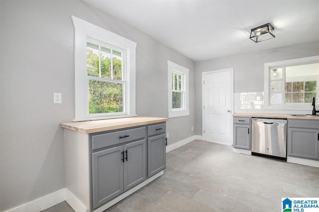 kitchen with butcher block counters, sink, gray cabinets, and stainless steel dishwasher