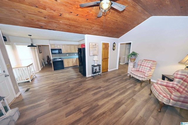 living area featuring ceiling fan, dark hardwood / wood-style flooring, wooden ceiling, and lofted ceiling