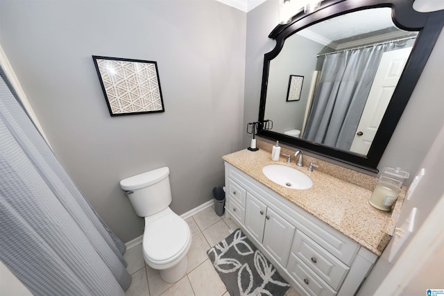 bathroom with curtained shower, tile patterned floors, toilet, vanity, and ornamental molding