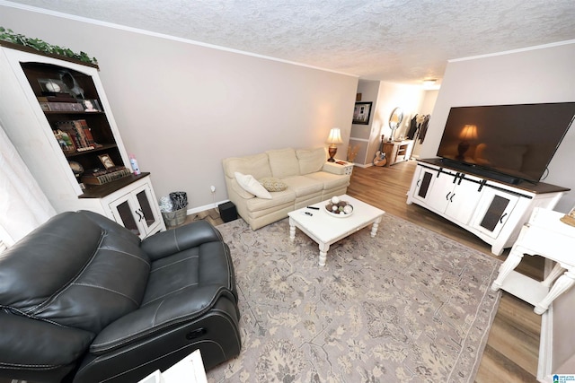 living room with a textured ceiling and hardwood / wood-style flooring