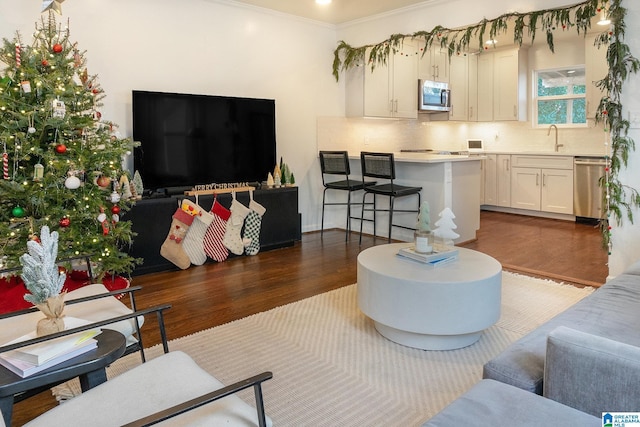 living room featuring dark hardwood / wood-style flooring, ornamental molding, and sink