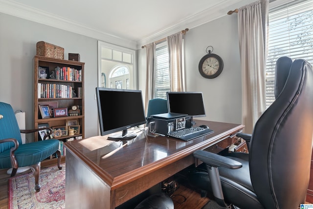 home office featuring hardwood / wood-style floors and ornamental molding