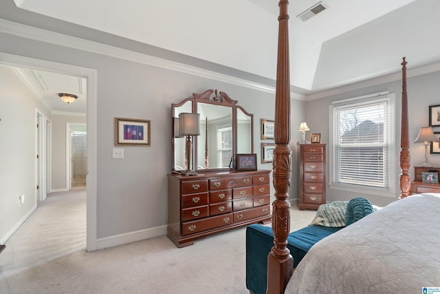 carpeted bedroom with a raised ceiling and crown molding