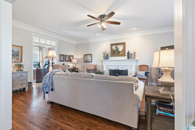 living room featuring ceiling fan, crown molding, a fireplace, and dark wood-type flooring