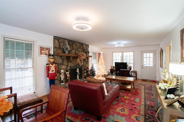 living room with a fireplace and hardwood / wood-style flooring