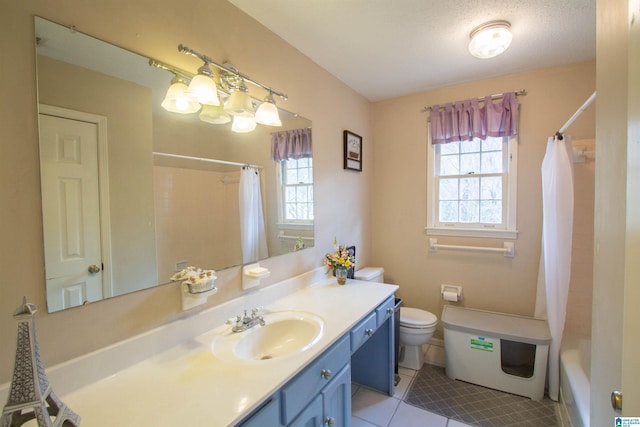 full bathroom featuring tile patterned floors, a textured ceiling, toilet, shower / tub combo with curtain, and vanity