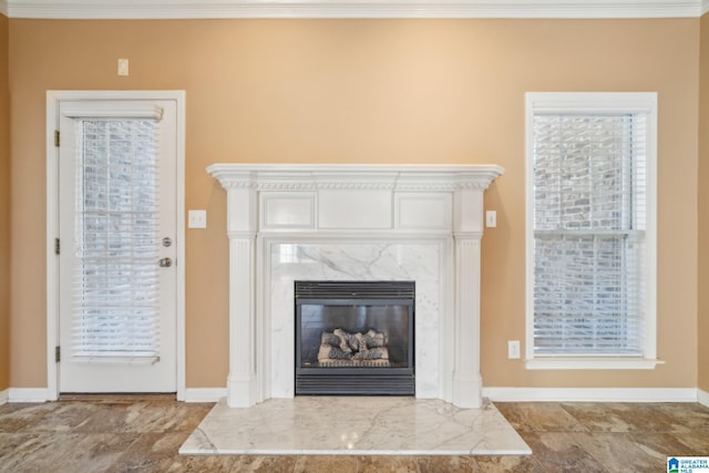 interior details featuring crown molding and a premium fireplace