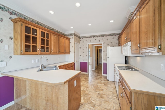 kitchen featuring kitchen peninsula, range with electric cooktop, ornamental molding, and sink