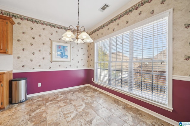 unfurnished dining area with an inviting chandelier