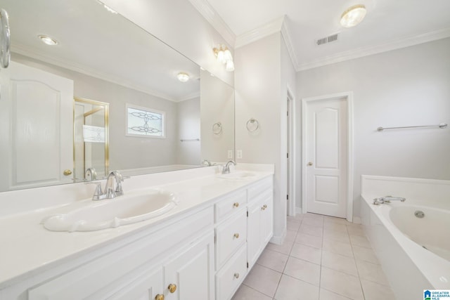 bathroom with tile patterned floors, vanity, a bath, and ornamental molding