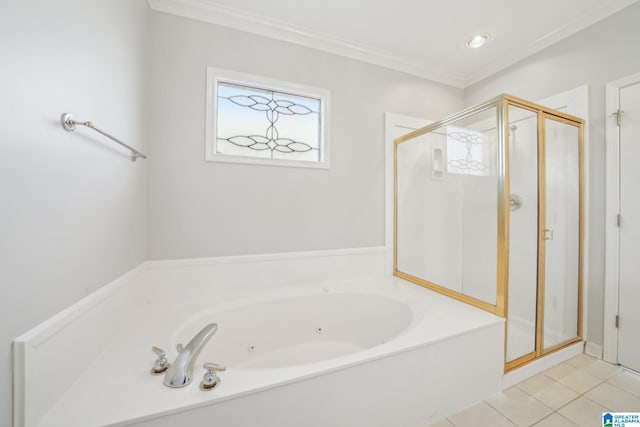 bathroom with tile patterned flooring, separate shower and tub, and crown molding