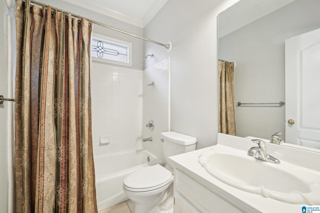 full bathroom with vanity, tile patterned floors, shower / bath combination with curtain, crown molding, and toilet