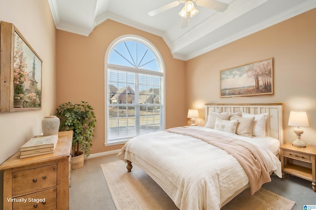 carpeted bedroom with lofted ceiling, ceiling fan, and ornamental molding